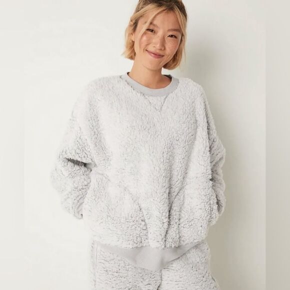 Victorias Secret PINK Sherpa Sweater Small Oversized Light Gray Cozy Loungewear - Picture 3 of 12